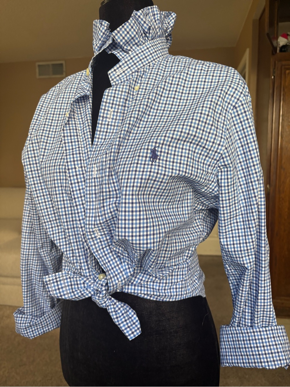 Reworked Ralph Lauren White and Blue Button-Down Shirt with ruffle collar size s